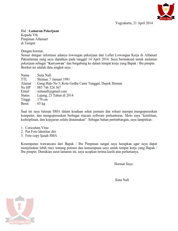 Contoh Surat Lamaran Kerja Alfamart
