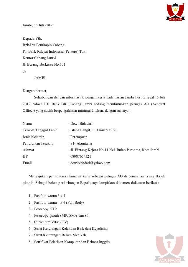 Contoh Surat Lamaran Kerja Bank