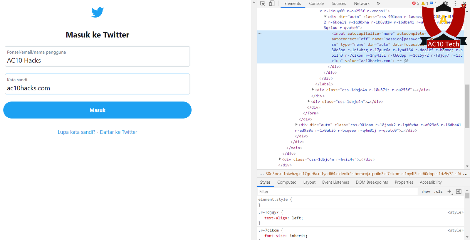 hack password twitter inspect element